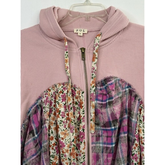 POL Floral Patchwork Pink Waffle Hoodie Full Zip Oversized Womens Small Boho - Picture 4 of 11